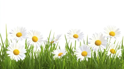 Green grass meadow with wild daisy flowers isolated on a pure white background. Room for design and text elements, perfect for spring promotions.