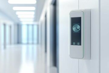 Naklejka premium Access control terminal featuring advanced biometrics, sleek futuristic design, corporate entryway, digital 3D rendering.