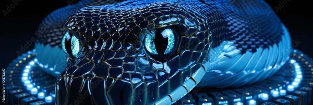 Poster cybernetic snake composed of wires and microcircuits slithering on a digital surface