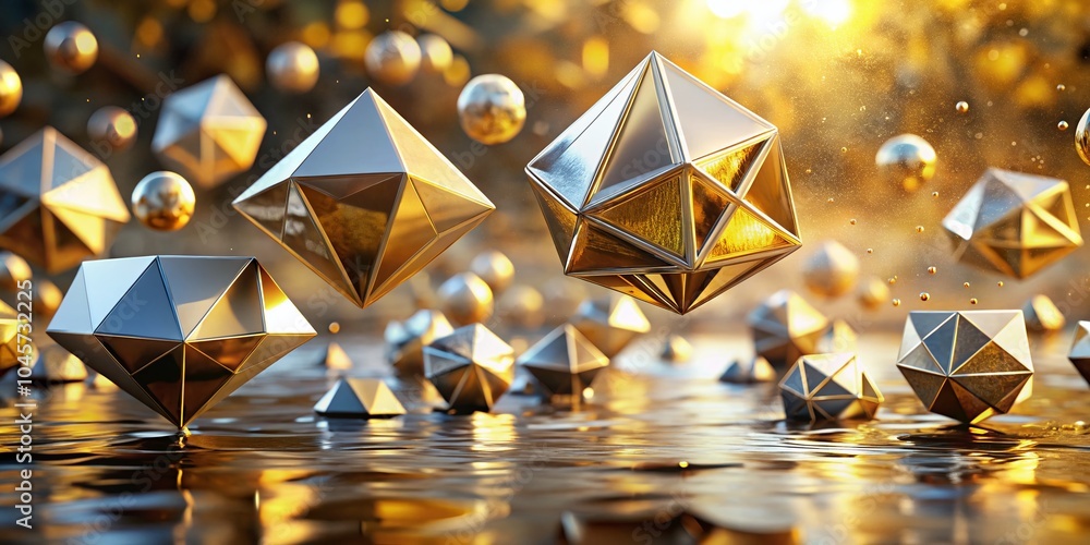 Poster golden geometric abstract landscape: mesmerizing 3d render of luxurious floating shapes in dynamic c