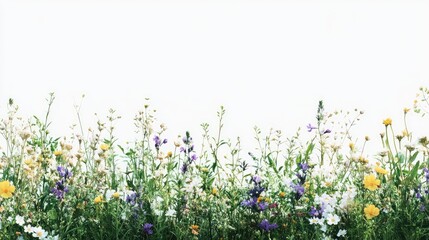 Fototapeta premium Meadow of wildflowers and lush green grass on a white background. Ideal for spring or summer-themed designs with plenty of space for text.