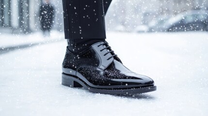 Fashionable Winter Style: Man's Ultra-Detailed Stylish Footwear on Snowy Street