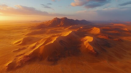 Naklejka premium Aerial view of majestic desert dunes at sunset, showcasing natural beauty and vast landscapes.