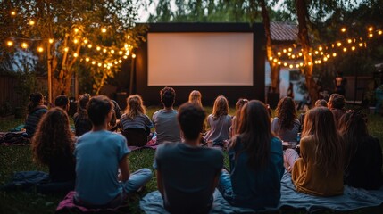 Fototapeta premium Outdoor Movie Night with Friends Backyard Cinema Summer Movie Watching Party