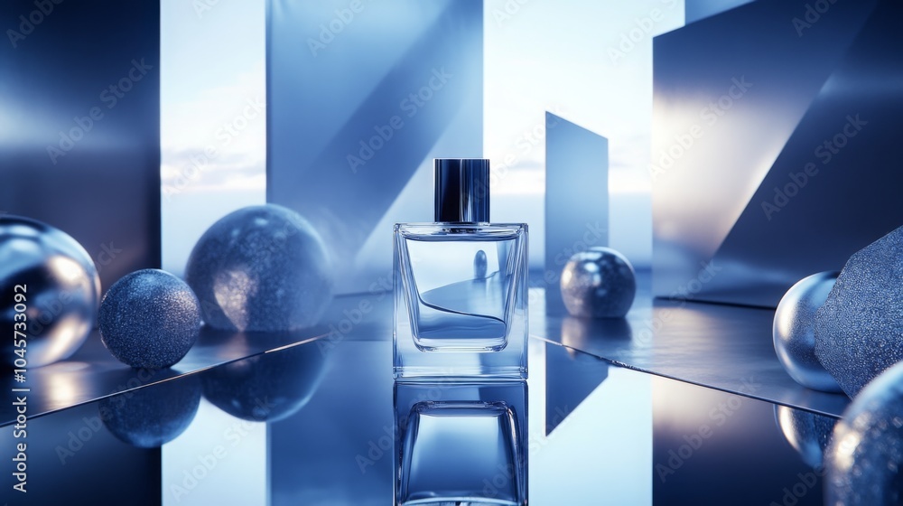 Aufkleber a square glass bottle of perfume sits in the center of the image on a reflective, blue surface. it i