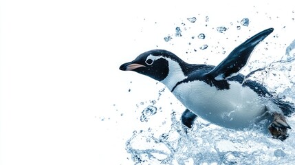 Fototapeta premium Penguin diving into icy water, showcasing agility and movement, with a clear background for text overlay.