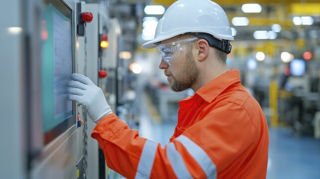Physical security solutions for factories highlight employees using security protocols near machinery, collaborative atmosphere, warm lighting, foreground emphasis on safety equipment.