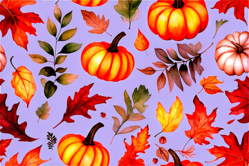 Naklejka premium Autumn pattern Watercolor painting dry Leaves, flowers, floral Elements, pumpkin. Seasonal accents elegant fall designs, Generative AI
