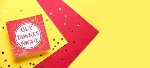 Greeting card for Guy Fawkes night on color background with space for text