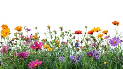 Vivid meadow flowers growing in lush grass, neatly isolated on a white background with space for your message or seasonal promotions.