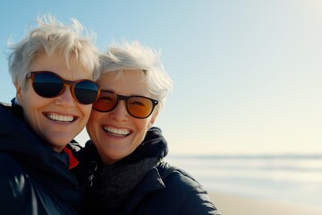 Two smiling elderly women enjoying a bright day at the beach with soft winds and ocean waves in the background