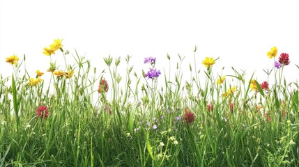 Fototapeta premium Vivid meadow flowers growing in lush grass, neatly isolated on a white background with space for your message or seasonal promotions.