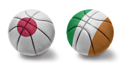 basketball balls with the national flags of ireland and japan on the white background.