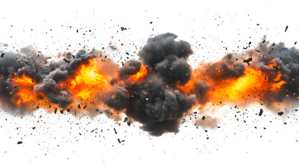 Powerful mid-air explosion with large, fiery blasts and thick clouds of dark smoke. The fire is predominantly bright orange and yellow.isolated on background