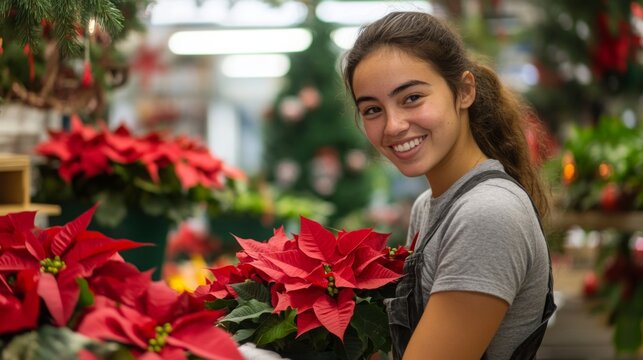 In a bustling floral shop decorated for the holidays, a young woman beams with joy as she carefully arranges bright red poinsettias. The warm atmosphere reflects the festive spirit.