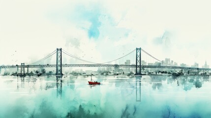 Obraz premium Silhouette of a bridge in pale blue against turquoise water on a soft green background