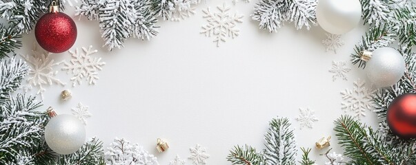 Bright and festive white Christmas flat lay with snowflakes, baubles, and a paper with copy space for holiday greetings