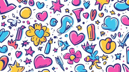 A lively arrangement of doodles bursts with vivid icons such as stars, hearts, arrows, and flowers, reflecting joyful creativity. Generative AI