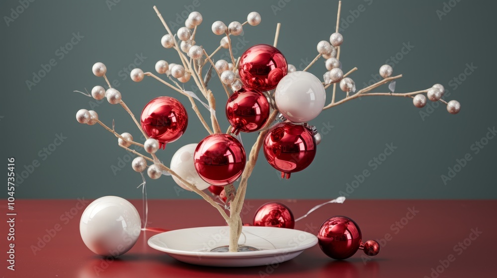 Poster minimalist display of shiny red baubles and silver tree on red background for festive atmosphere