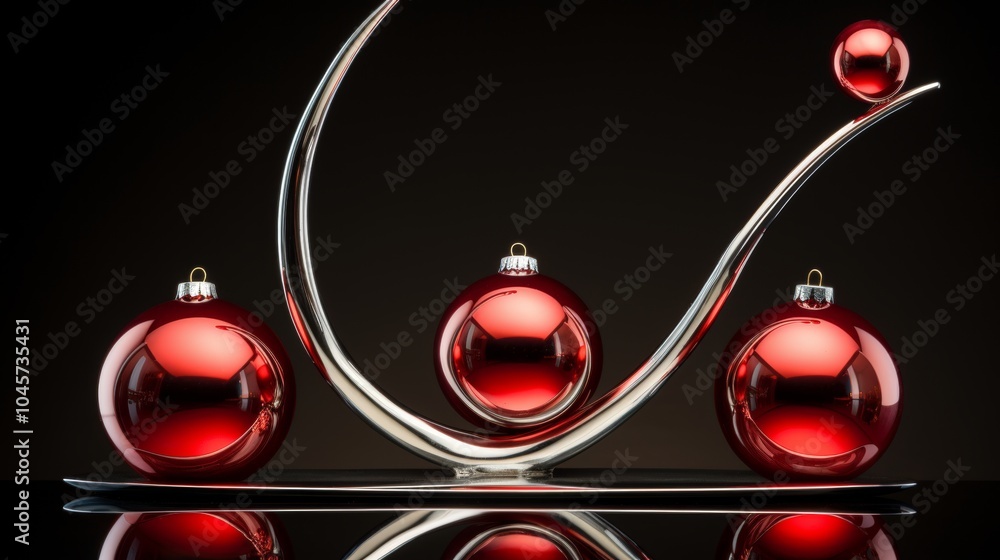 Poster minimalist display of shiny red baubles and silver tree with light and shadow on red background