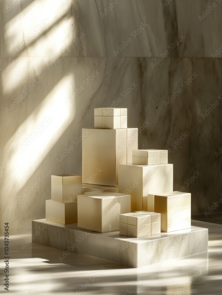 Poster An artistic collection of geometric gift boxes is carefully arranged on a marble platform, basking in soft natural light. Generative AI