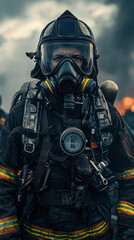 Fototapeta premium firefighter wearing advanced breathing apparatus stands ready for action, showcasing determination and bravery amidst smoky backdrop