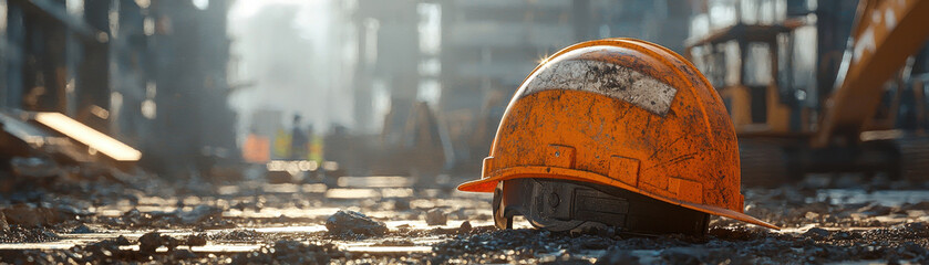 worn orange construction helmet rests on muddy construction site, surrounded by heavy machinery and workers in background. scene captures essence of hard work and safety in construction