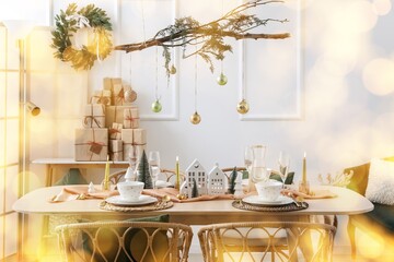 Interior of light room with dining table, tree branches and Christmas balls