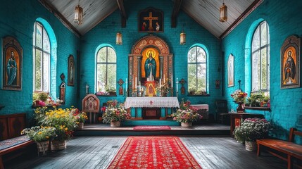 Obraz premium A small chapel with teal walls, arched windows, and a red carpet leading to the altar.
