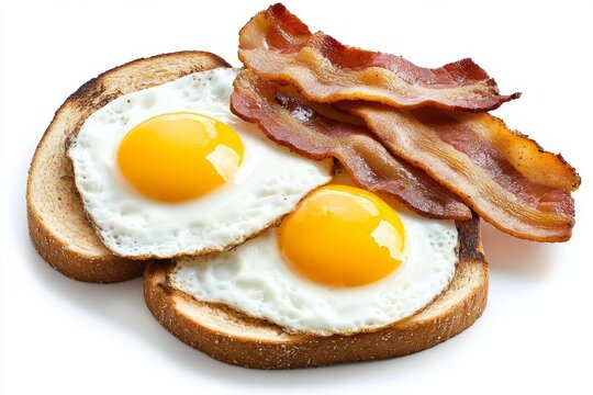 A top-down view of a hearty breakfast featuring fried eggs, bacon, and toast, symbolizing hunger satisfaction