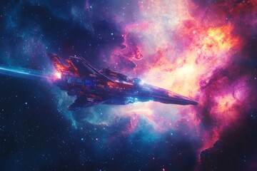 Naklejka premium A stunning spaceship travels through vibrant cosmic clouds. The vivid colors of the nebula create a dreamlike atmosphere. Space exploration is visually captivating. Generative AI