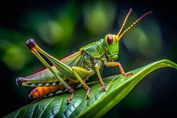 Green Grasshopper on Leaf Against Dark Background – Nature Photography