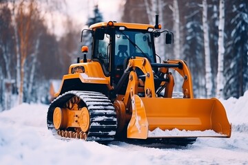 Snow clearing equipment operating on a mountain road surrounded by snow covered trees