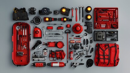 Detailed Layout of Rescue Vehicle s Essential Emergency Equipment and Gear Including Lights Sirens Tools and Other Critical Gear for Crisis Response and Life Saving