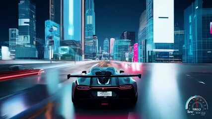 Futuristic sportscar racing through neon-lit city streets at night. Holographic grid overlays buildings, creating a vibrant urban landscape filled with energy and excitement - Powered by Adobe