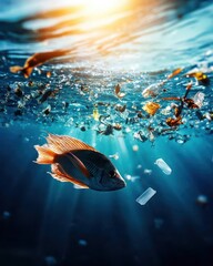 Group of fish swimming near the surface of the ocean surrounded by small pieces of plastic debris, symbolizing ocean pollution and the threat to marine life Copy space for text