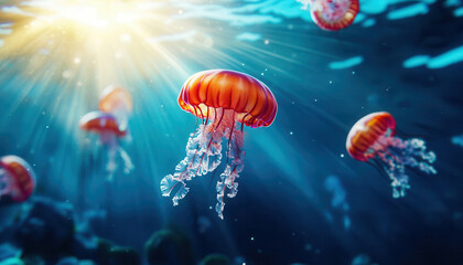 Group of jellyfish swimming through a sea of microplastics