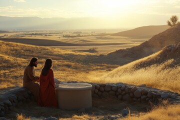 Intimate dialogue between Jesus and the samaritan woman at the well under a bright sunlit sky, Biblical religious stories, illustrations Christian faith in God
