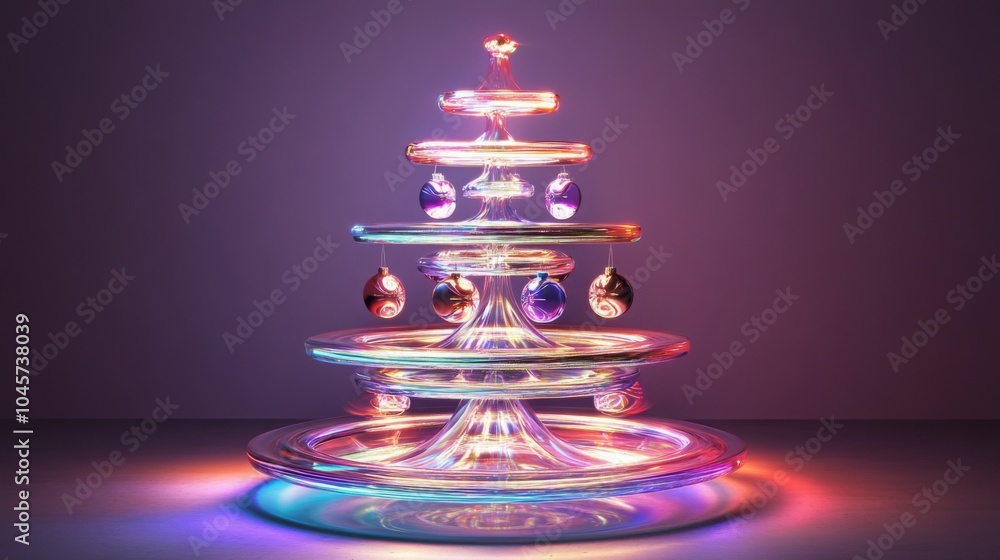 Poster a glass christmas tree with a swirling design stands on a table. the tree is decorated with round or
