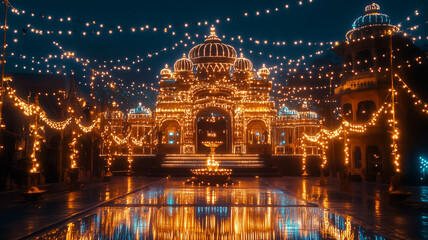 A temple beautifully illuminated with lights and decorations for Diwali