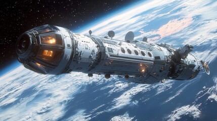 Futuristic Spacecraft Orbiting Earth with Stars and Clouds