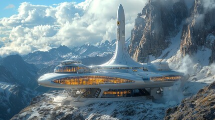 Fototapeta premium Futuristic Mountaintop Base Station with Snowy Peaks and Cloudy Sky