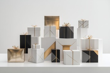 Elegant geometric gift boxes in black, white, and gold are beautifully arranged on a minimalist white table, perfect for celebrations. Generative AI