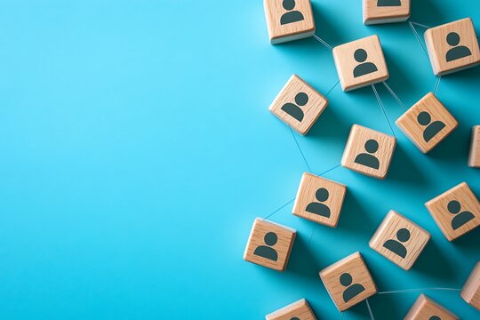 Interconnected Wooden Blocks with People Symbols on Blue Background