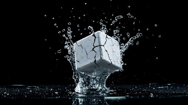 Dramatic 3D render of a cube with cracked surface impacting and shattering into the water releasing a cloud of tiny transparent bubbles against a dark black studio backdrop