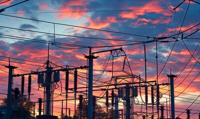 Illustrate a detailed view of an electrical power substation during sunset, highlighting switchgear