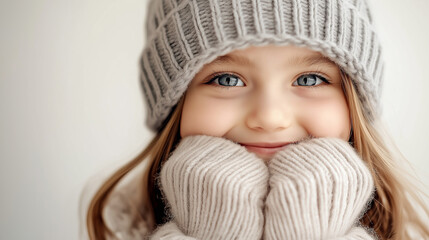 Portrait of a smiling girl in cozy winter clothes, wearing a knit hat and scarf, representing warmth, joy, and childhood, perfect for seasonal, holiday, and winter fashion projects.