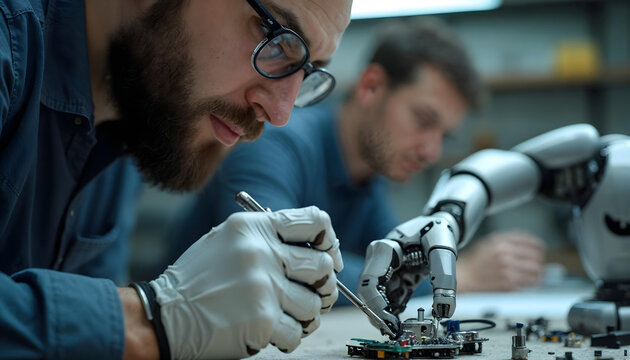 engineer's focused face while they adjust a robotic hand using screwdriver