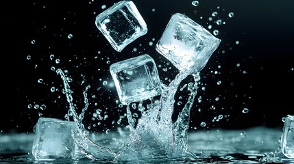 Dramatic scene of multiple ice cubes falling into water at different angles creating a chaotic cascade of splashing liquid and motion on a plain black background