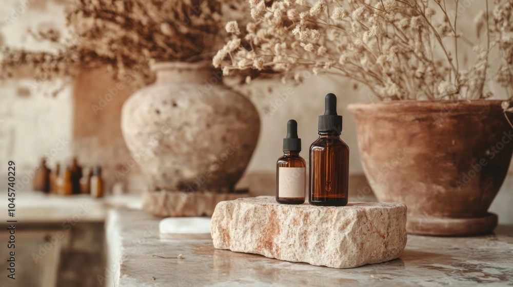 Poster two amber bottles of essential oils rest on a textured stone slab, accompanied by elegant dried flow
